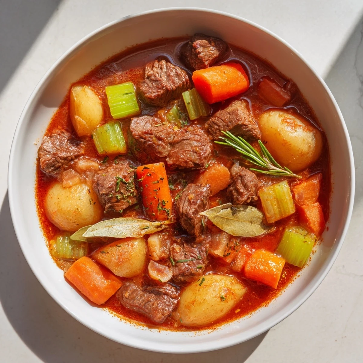 Hearty spezzatino di manzo beef stew features braised meat and vegetables in a deep burgundy gravy, garnished with fresh rosemary