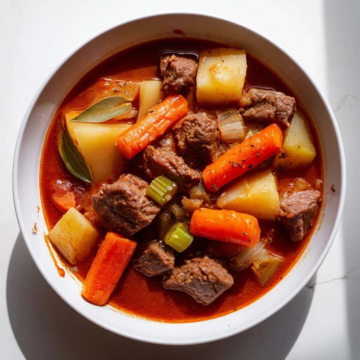 Golden Italian beef stew spezzatino simmers in a rustic pot with tender chunks of beef, potatoes, and carrots in rich red wine sauce