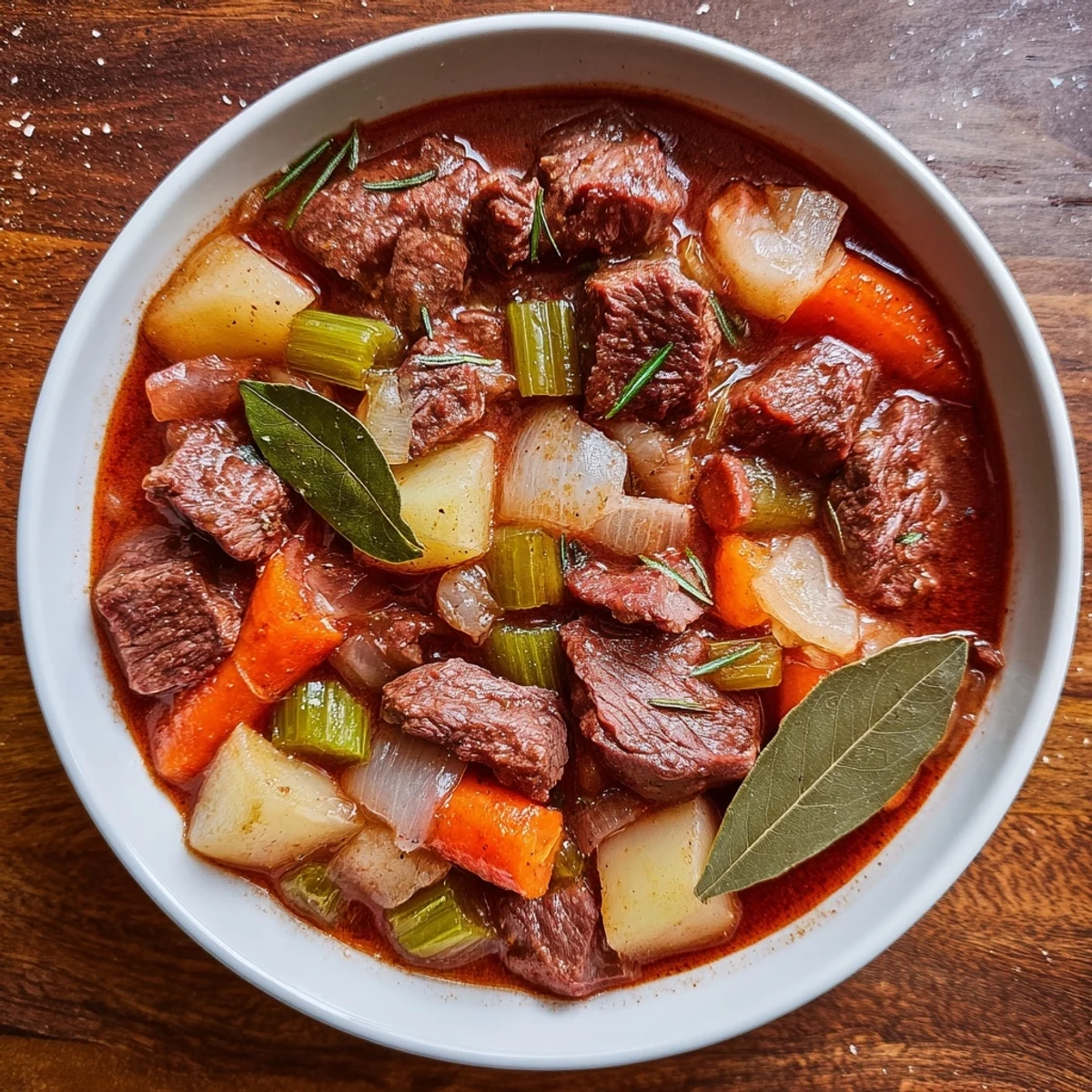 Comforting Italian beef stew spezzatino served steaming hot with chunky vegetables and melt-in-your-mouth beef cubes in a thickened aromatic broth