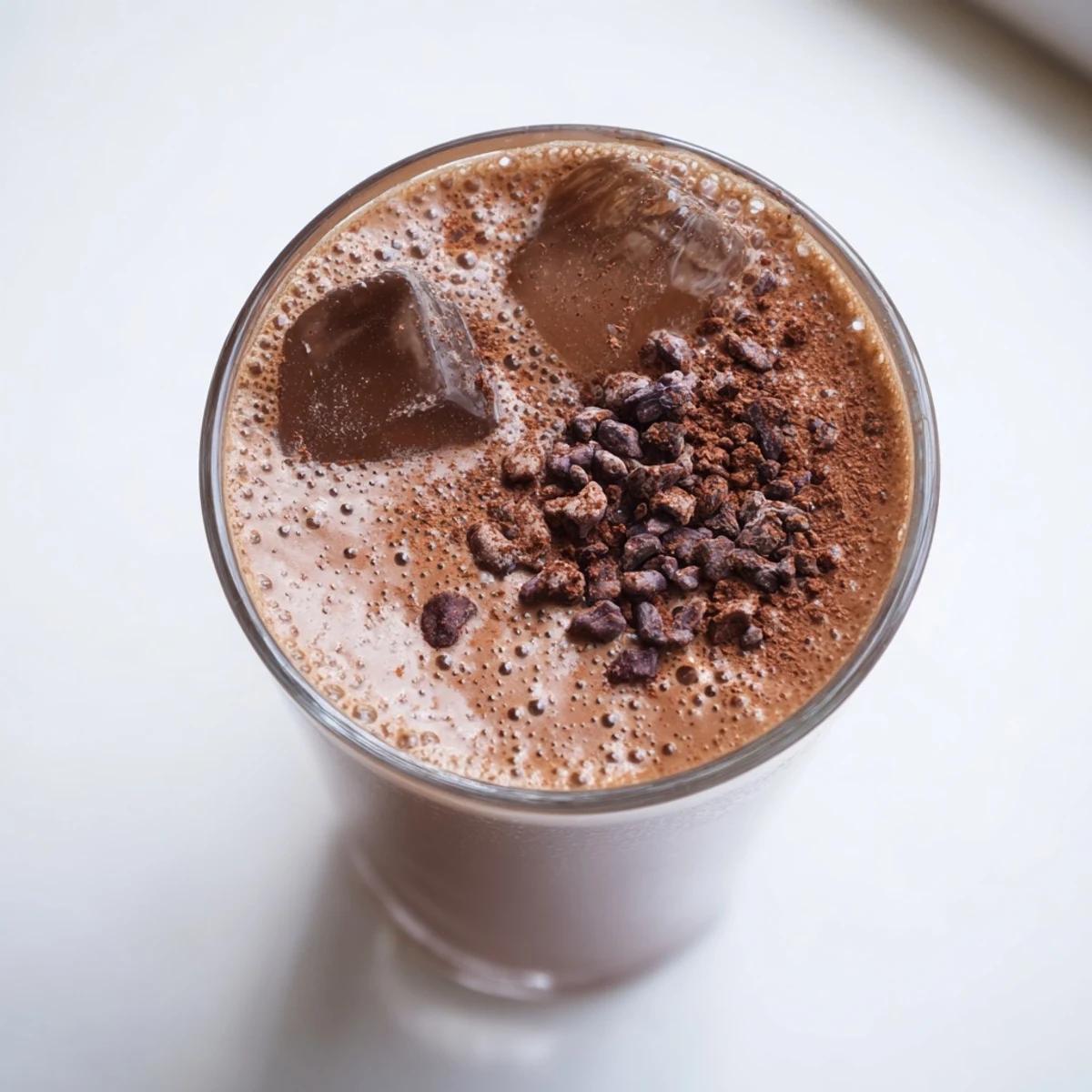 Vegan raw chocolate banana shake blending frozen bananas with rich cacao powder for a naturally sweet treat