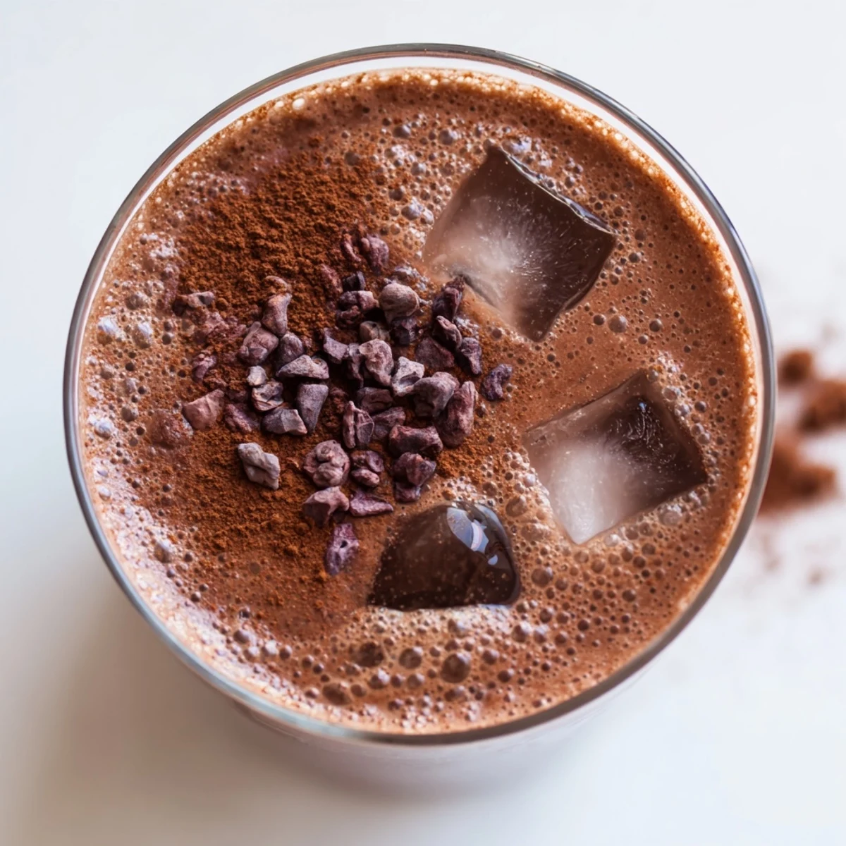 Thick creamy raw chocolate banana shake poured into a glass with frothy cocoa bubbles on top