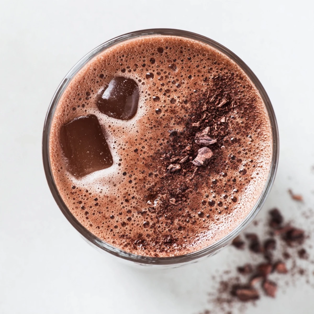 Glass of raw chocolate banana shake topped with cacao nibs and coconut flakes for a dairy-free dessert