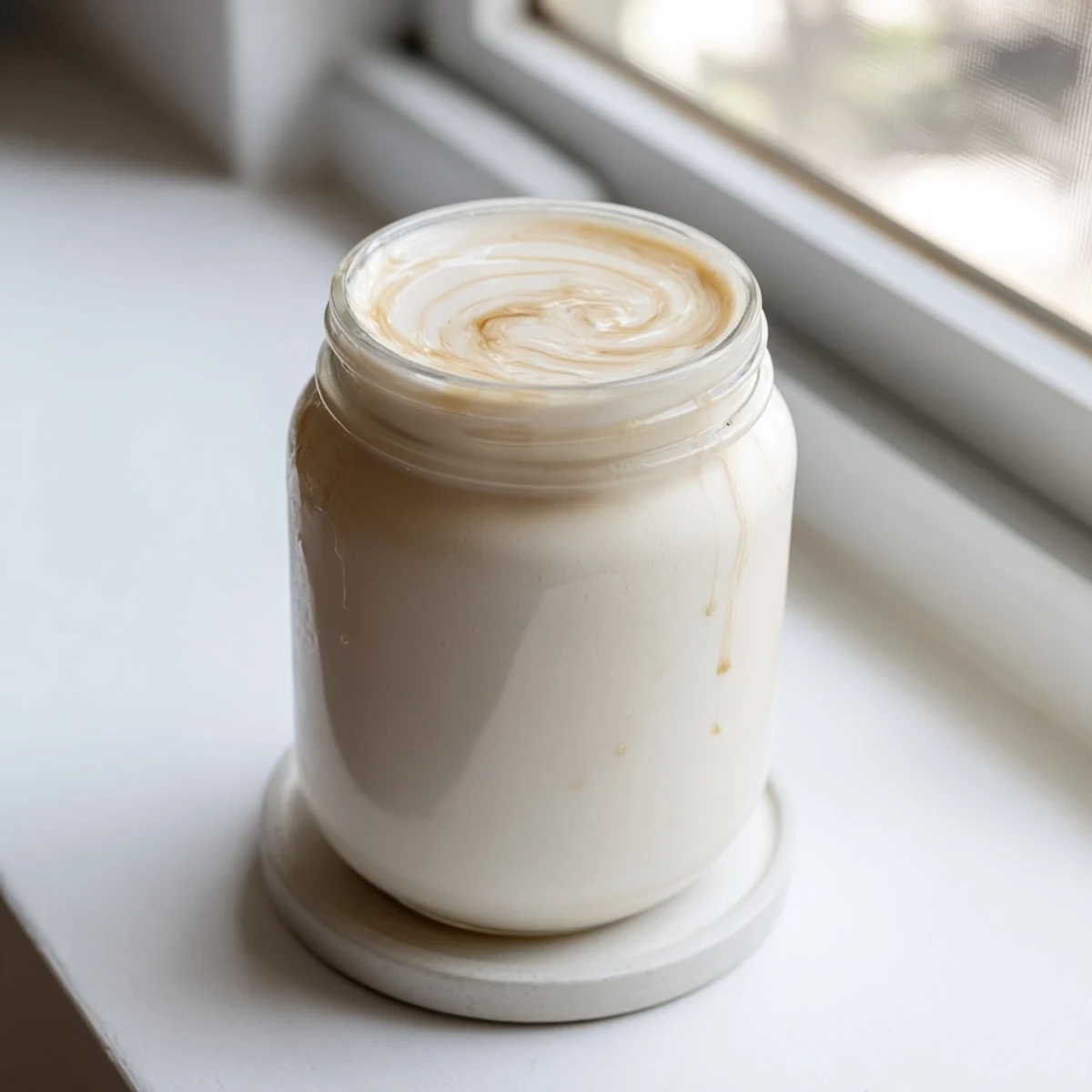 Fresh homemade almond milk in a glass jar with creamy white liquid visible