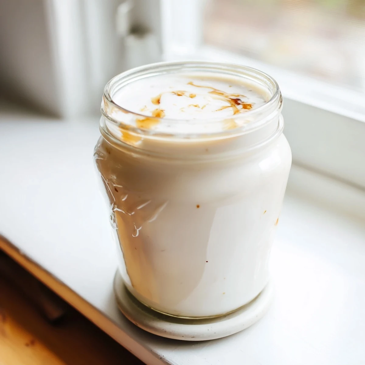 Golden glass of creamy dairy-free almond milk poured over ice cubes