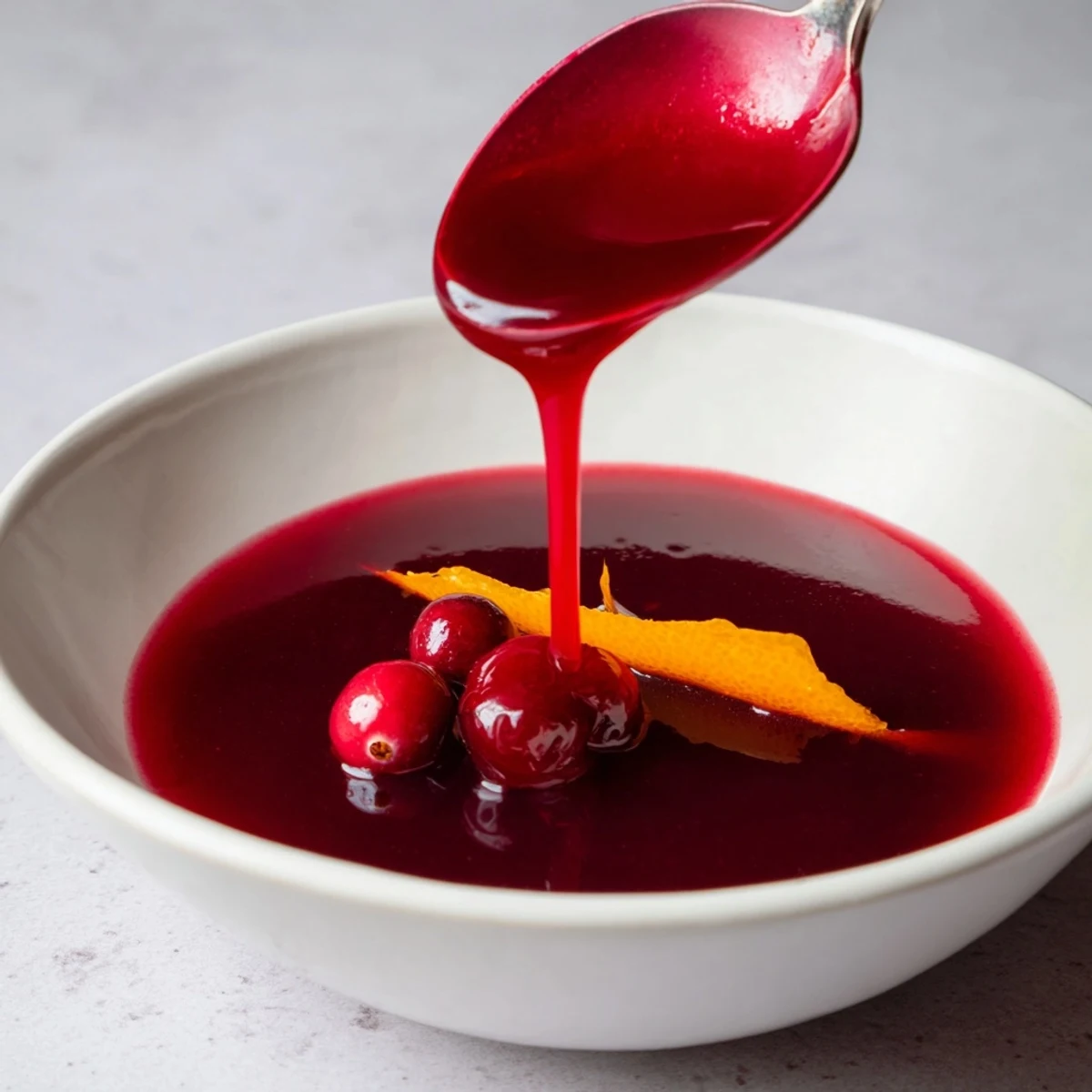 Cranberry Syrup glistening ruby-red, spooned over warm pancakes with steam.