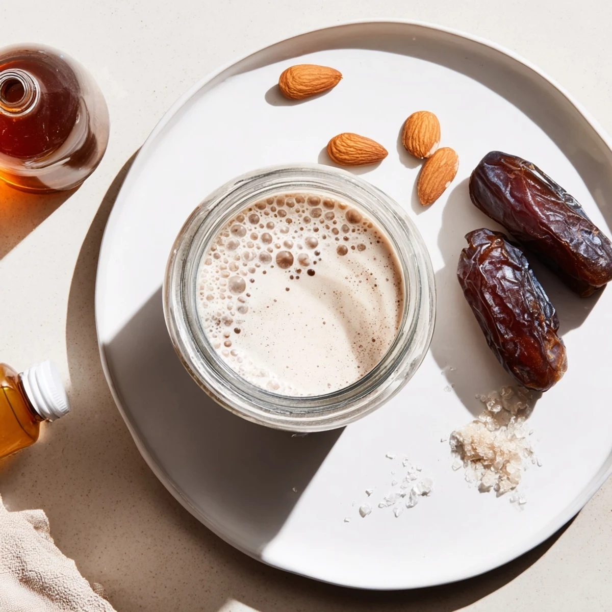 Jar of freshly strained Almond Milk next to cheesecloth and almond pulp