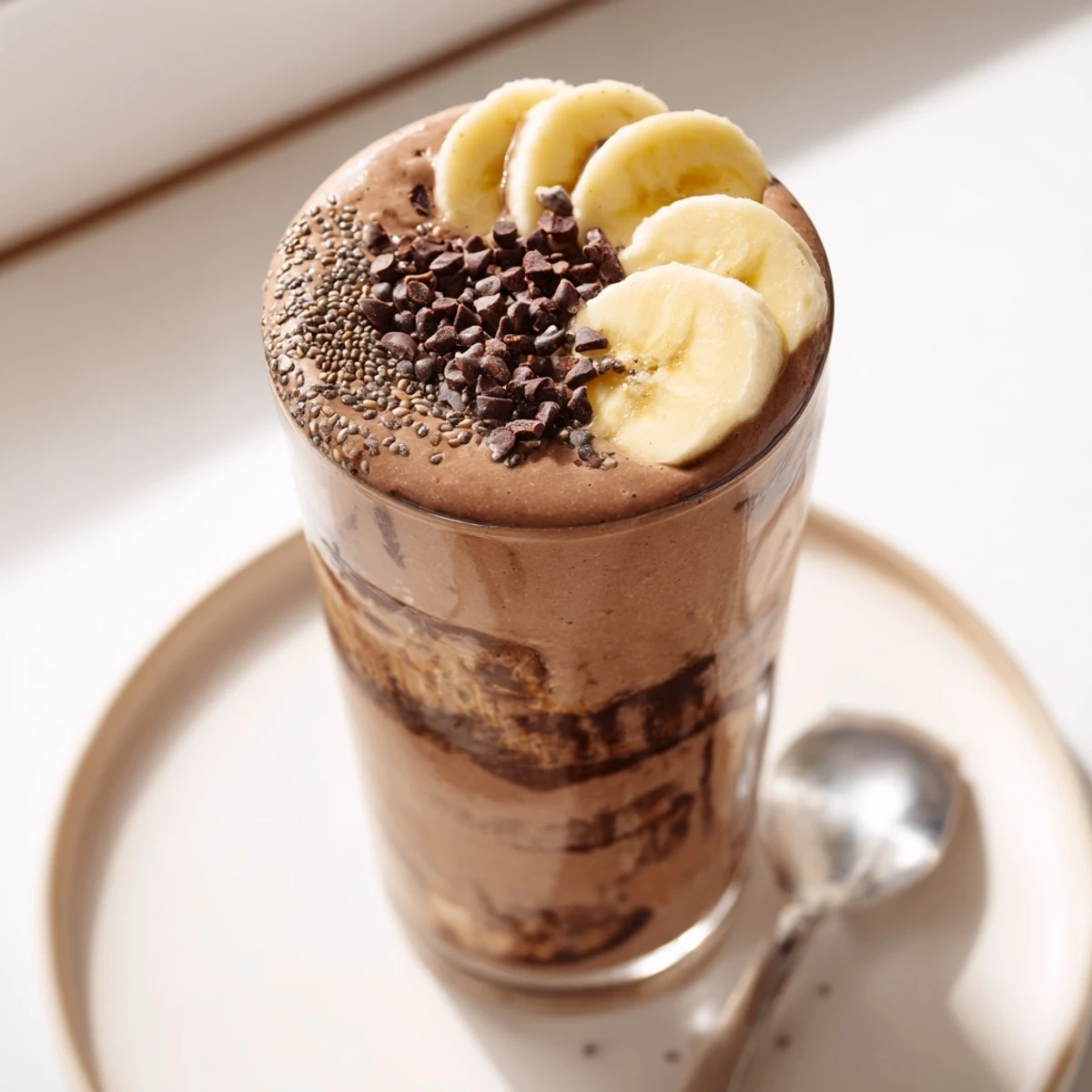 Raw Chocolate Banana Shake with velvety cocoa flavor, topped with banana slices.