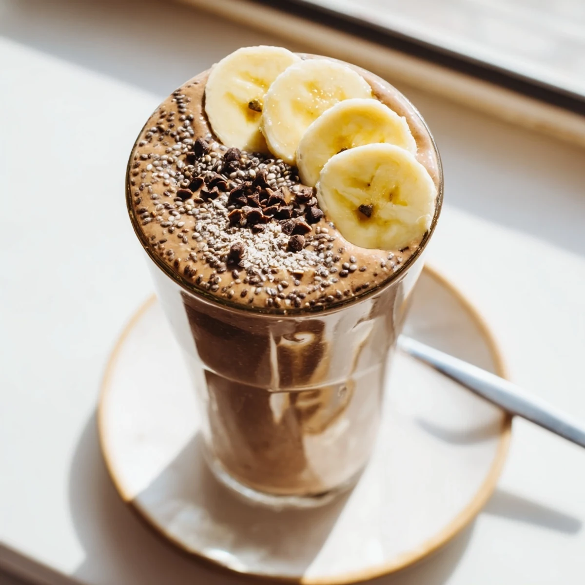 A chilled Raw Chocolate Banana Shake, creamy almond-milk blend, perfect breakfast pick-me-up.