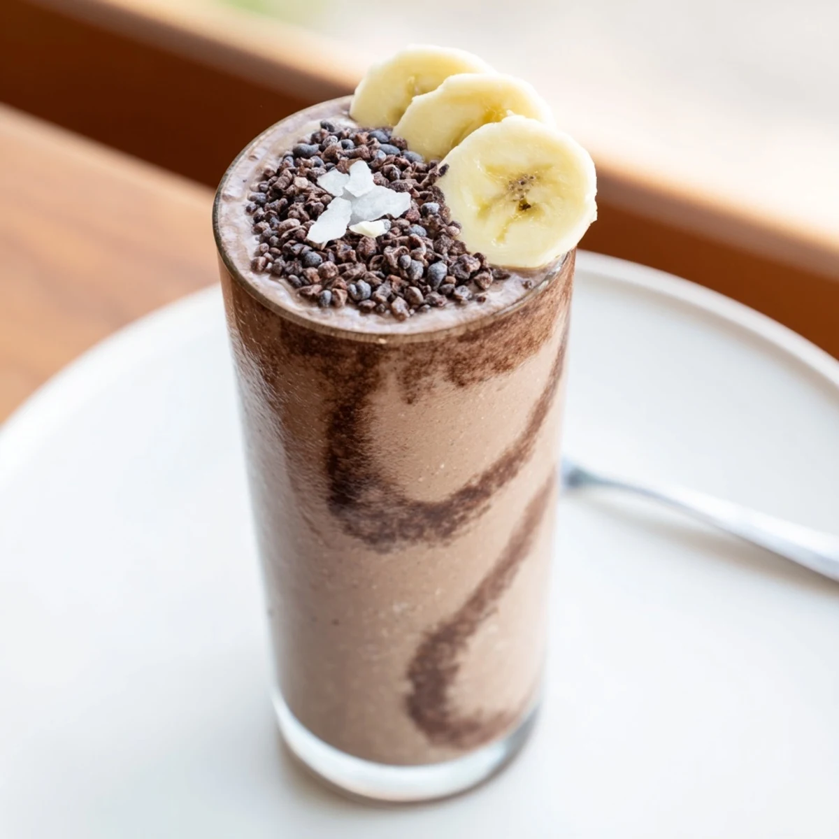 Spoon-ready Raw Chocolate Banana Shake garnished with cacao nibs and shredded coconut.