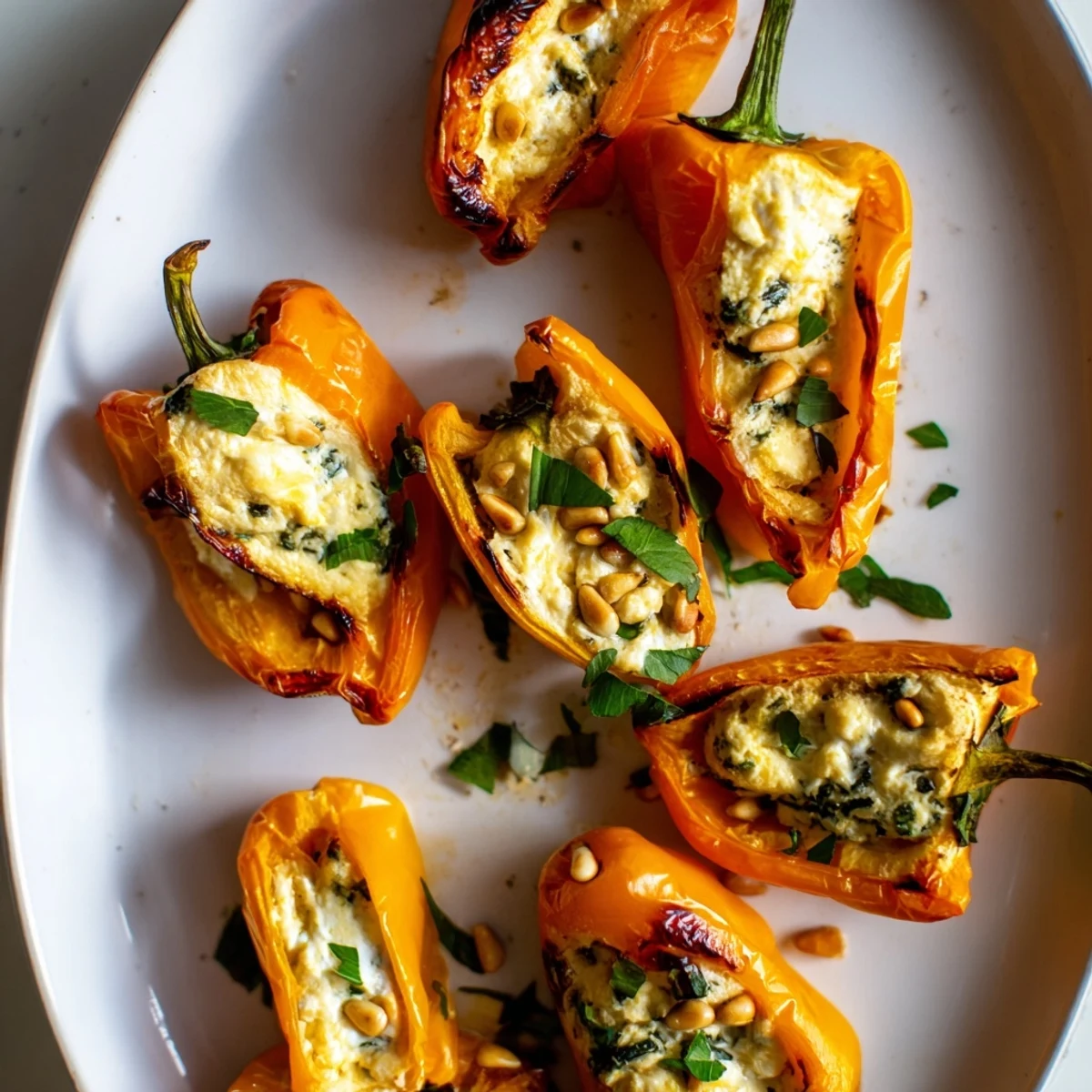 Golden roasted goat cheese stuffed mini peppers garnished with fresh herbs on a rustic baking sheet