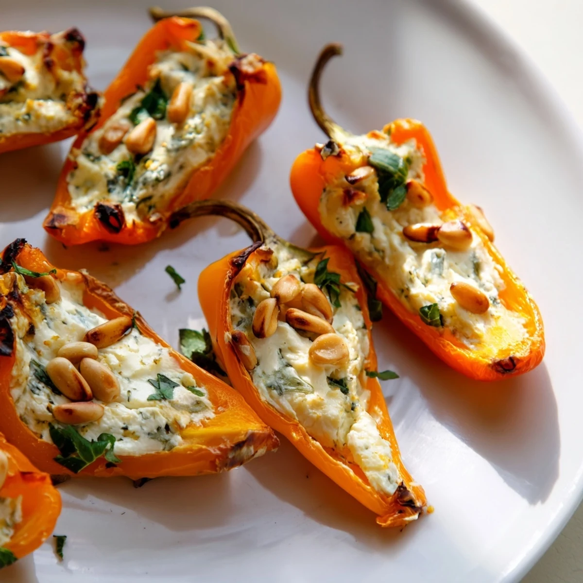 Vibrant roasted goat cheese stuffed mini peppers arranged on a white platter drizzled with olive oil