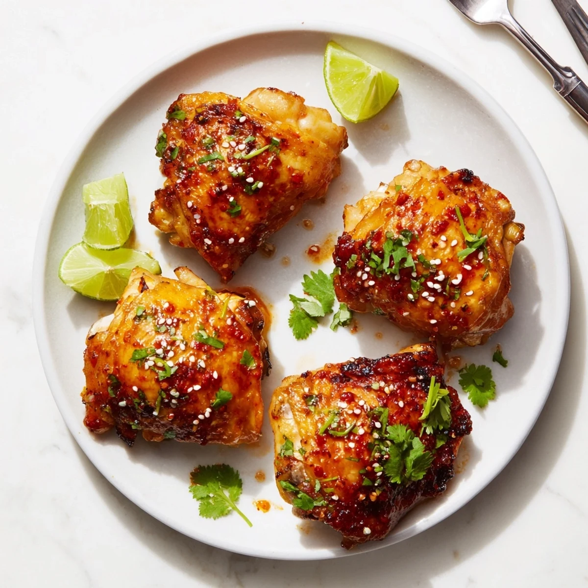Crispy sweet chili air fryer chicken thighs glistening with a sticky golden glaze on a rustic plate.