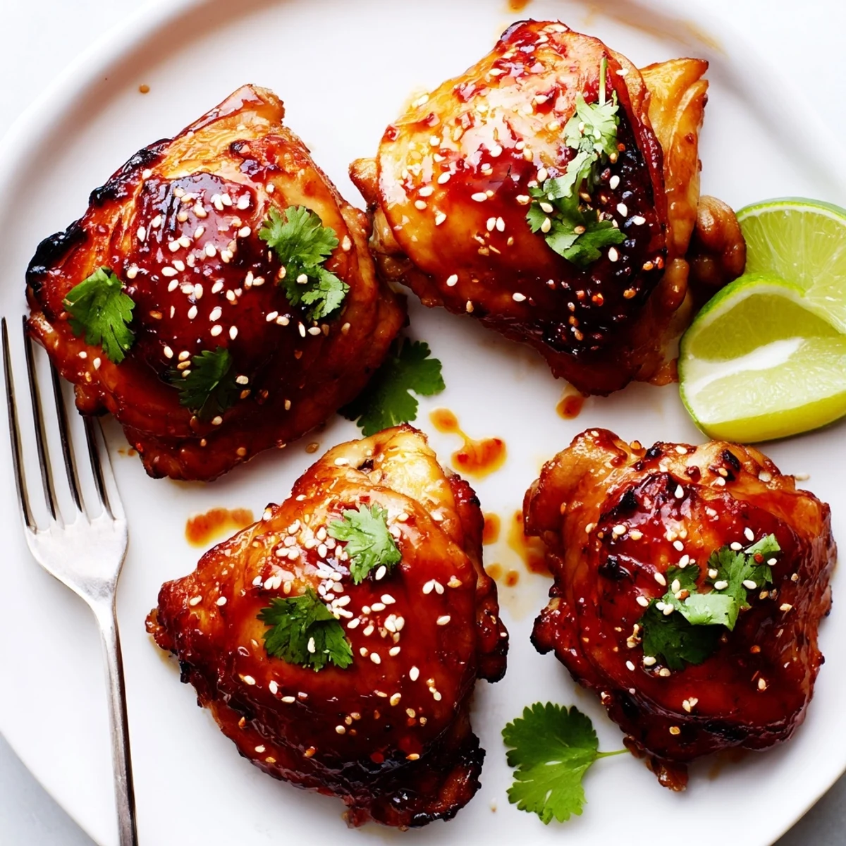 Juicy sweet chili air fryer chicken thighs garnished with sesame seeds and fresh cilantro.