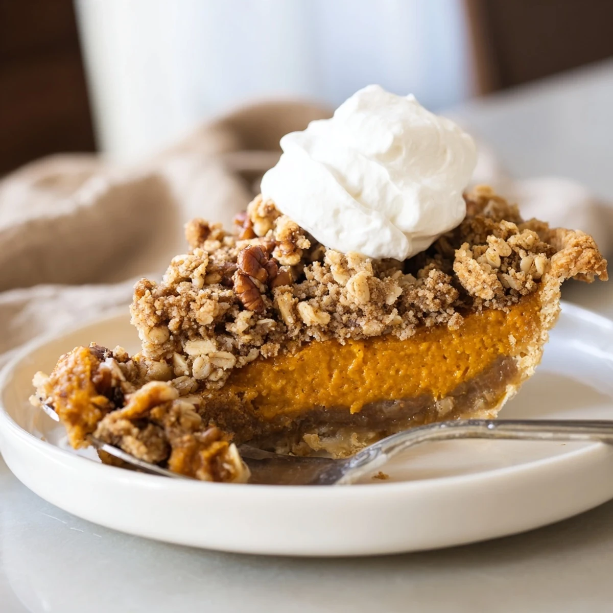 Golden buttery oat topping crowns warm spiced pumpkin pie crisp in a baking dish