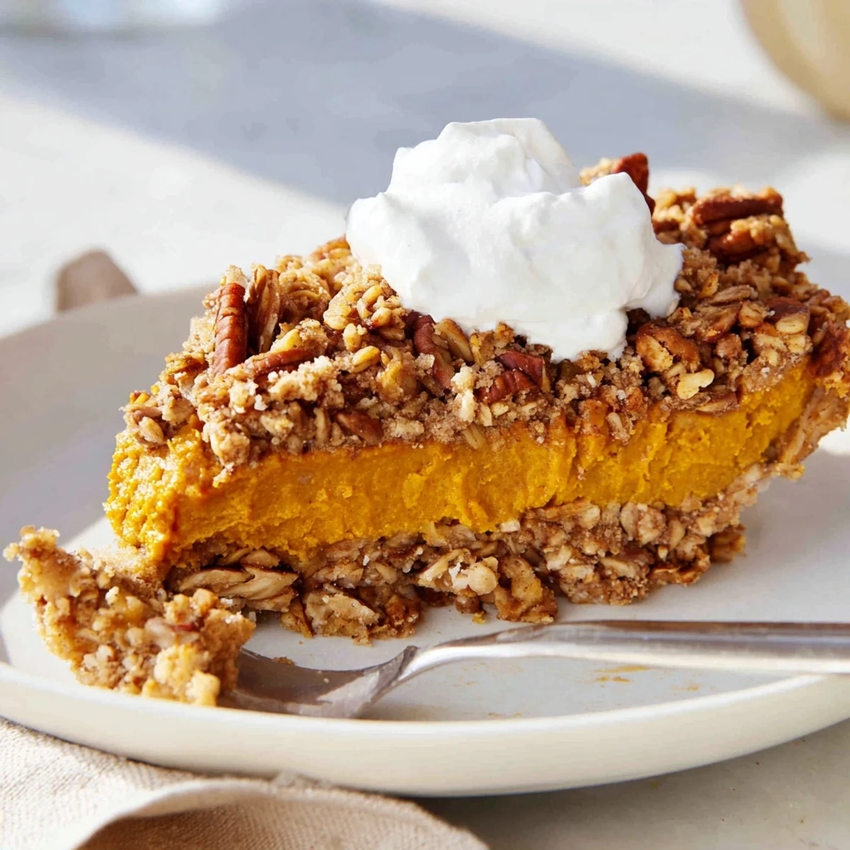 Crumbly pecan-studded crust blankets velvety pumpkin pie crisp fresh from the oven