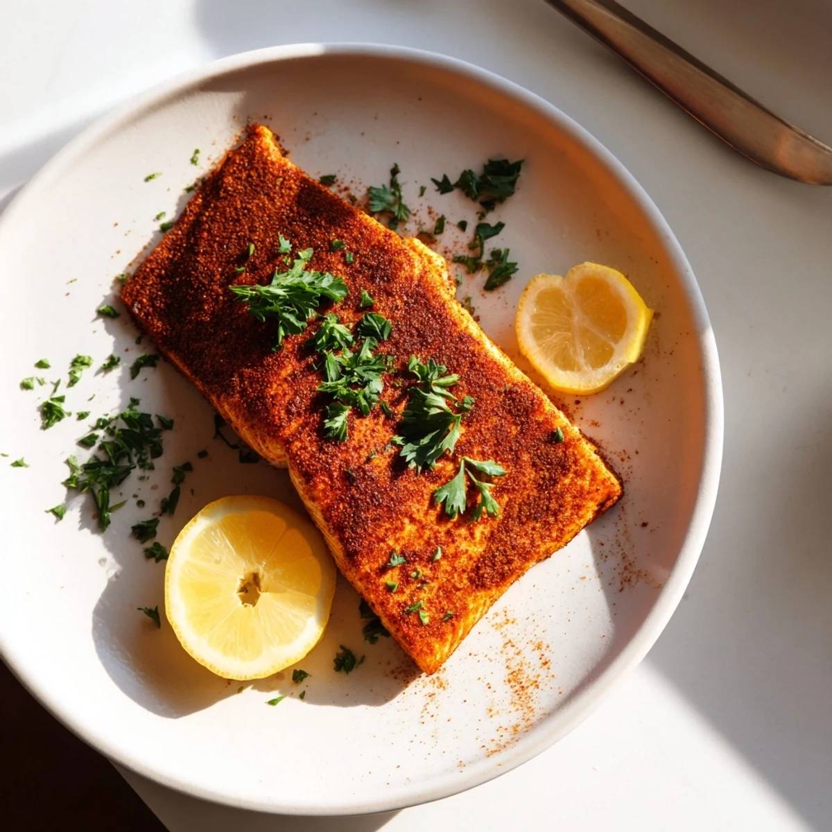 Golden Oven Baked Cajun Salmon fillets garnished with fresh parsley and lemon wedges on parchment paper