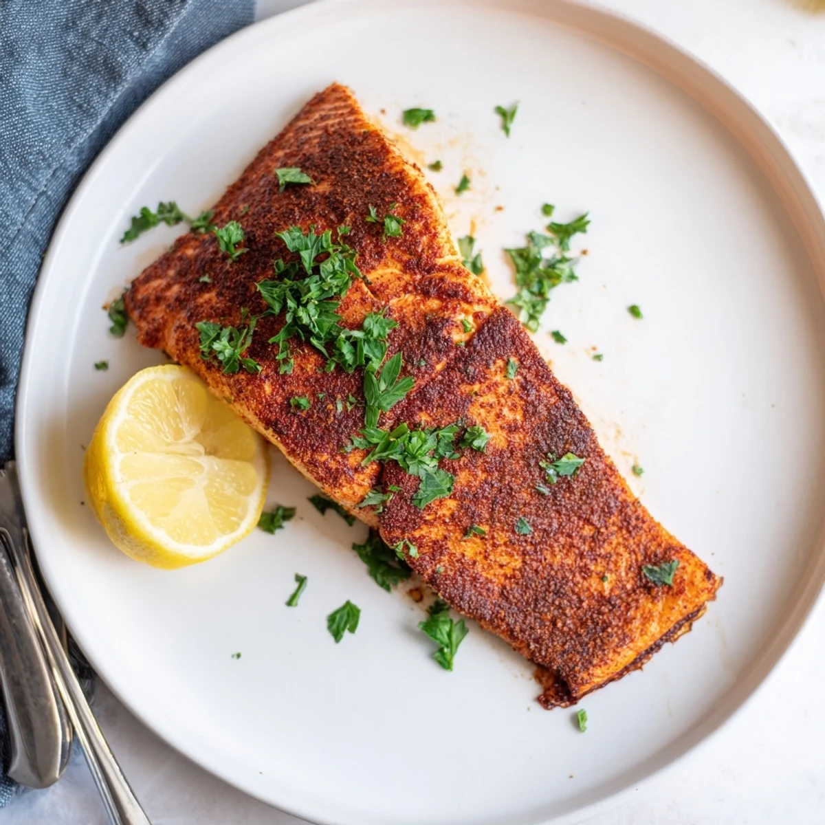 Spicy Oven Baked Cajun Salmon with a rusty red crust served alongside roasted vegetables for dinner