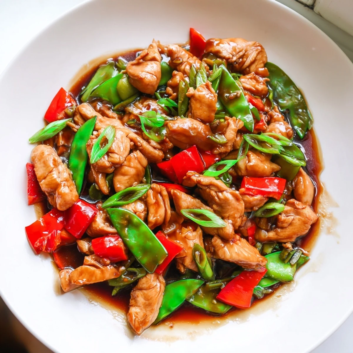 Glossy stir fried Chinese garlic chicken tossed with crisp bell peppers and snow peas