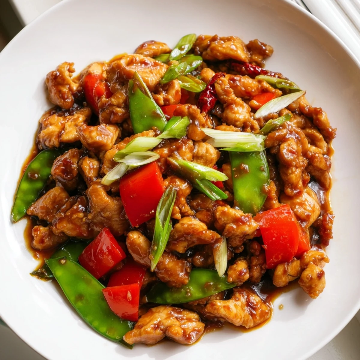 Tender stir fried Chinese garlic chicken drizzled in savory garlic sauce over fluffy jasmine rice