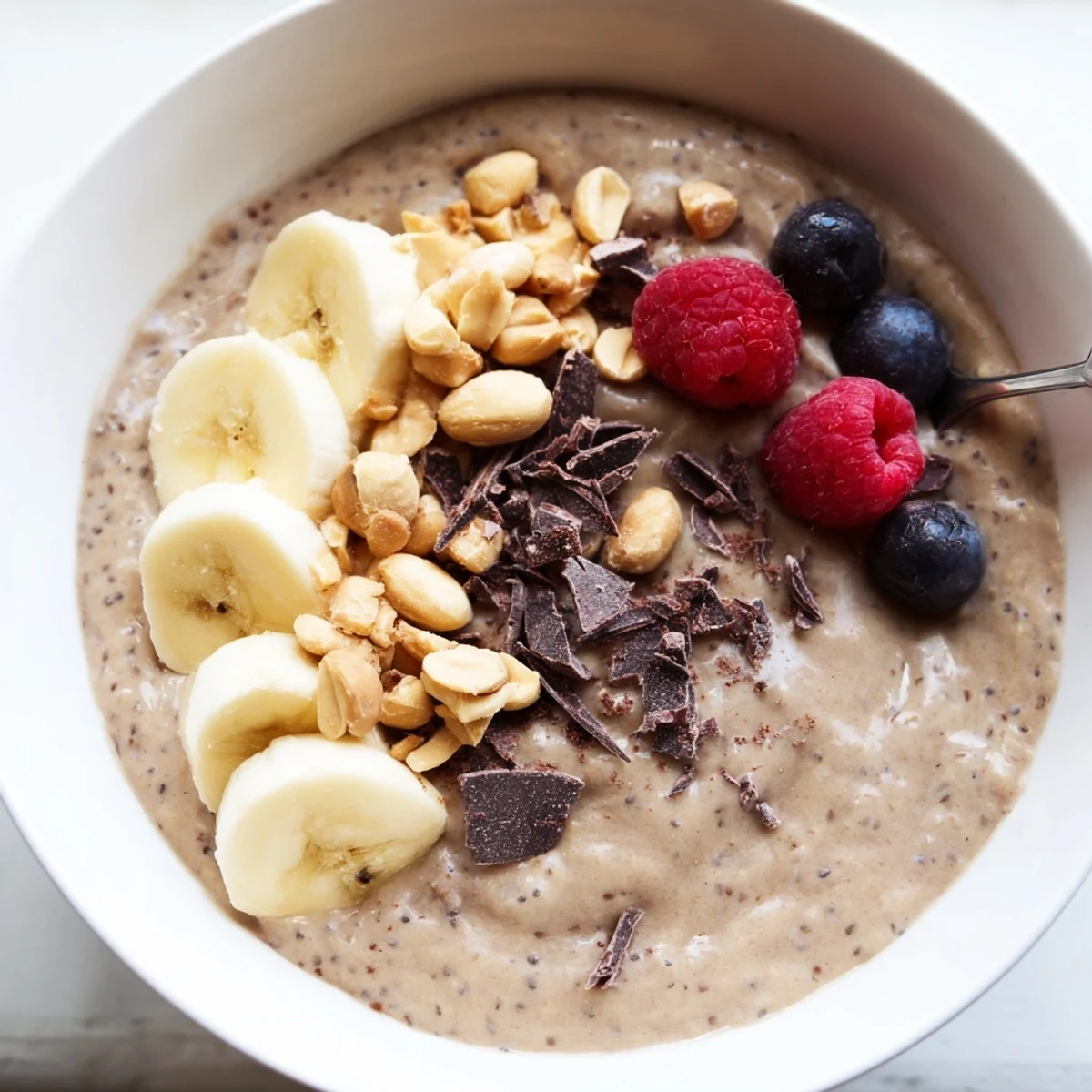 Thick peanut butter chia pudding swirled with maple syrup and garnished with roasted peanuts
