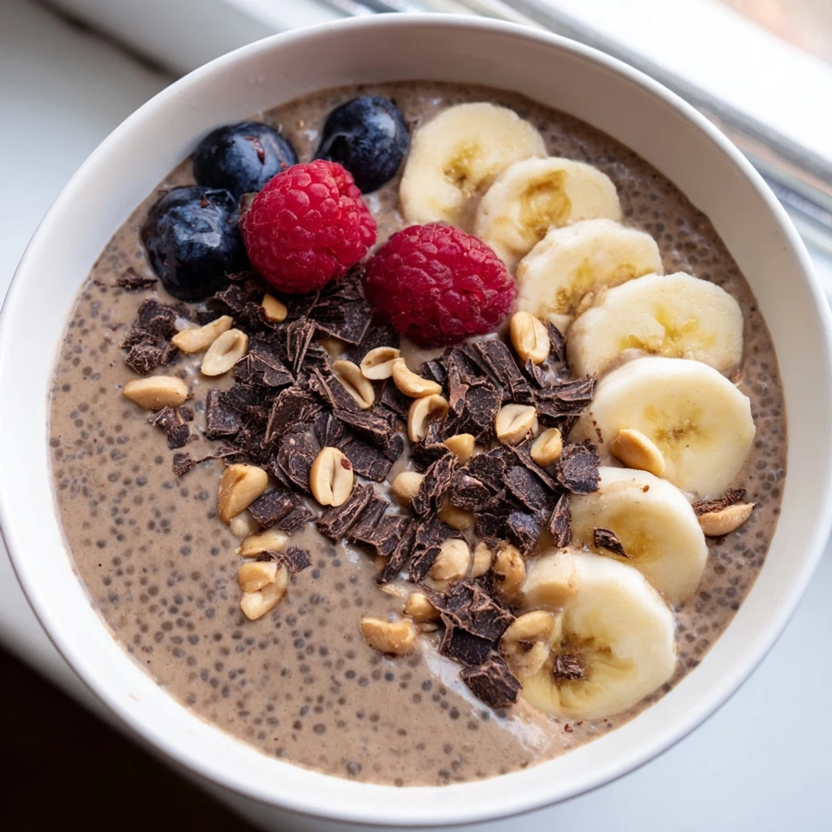 Creamy peanut butter chia pudding topped with sliced banana and fresh berries in a glass jar