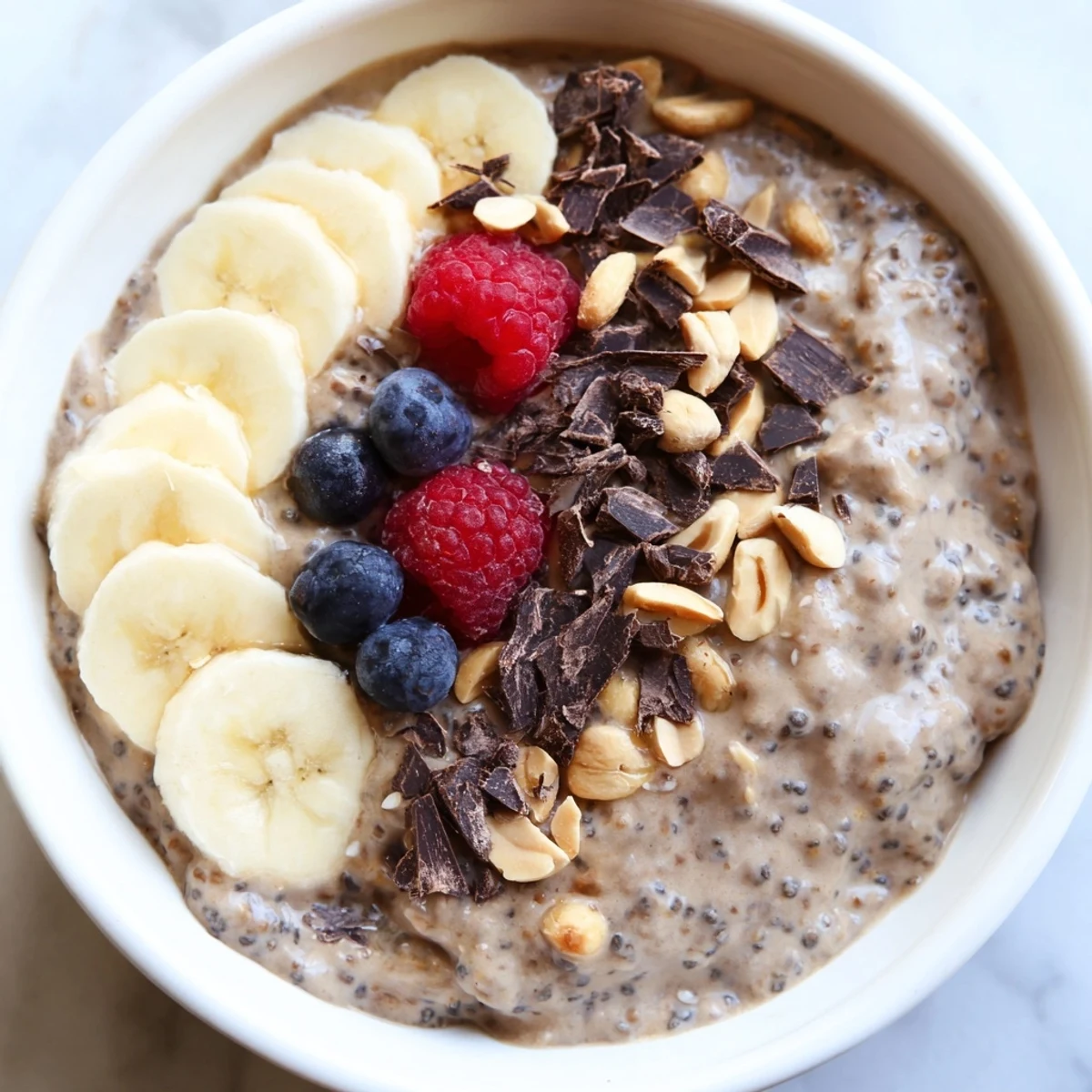 Rich and velvety peanut butter chia pudding served in mason jars with dark chocolate shavings