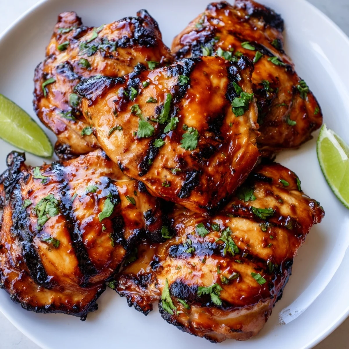 Charred sweet n spicy grilled chicken thighs resting on a rustic wooden cutting board