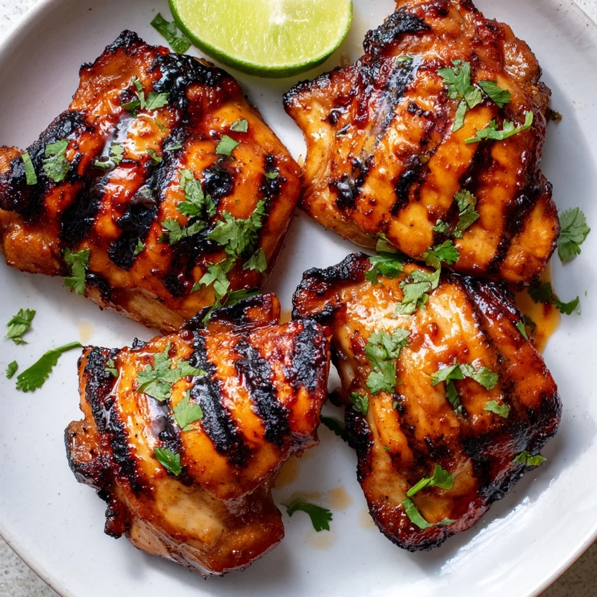 Golden sweet n spicy grilled chicken thighs topped with bright cilantro and lime wedges