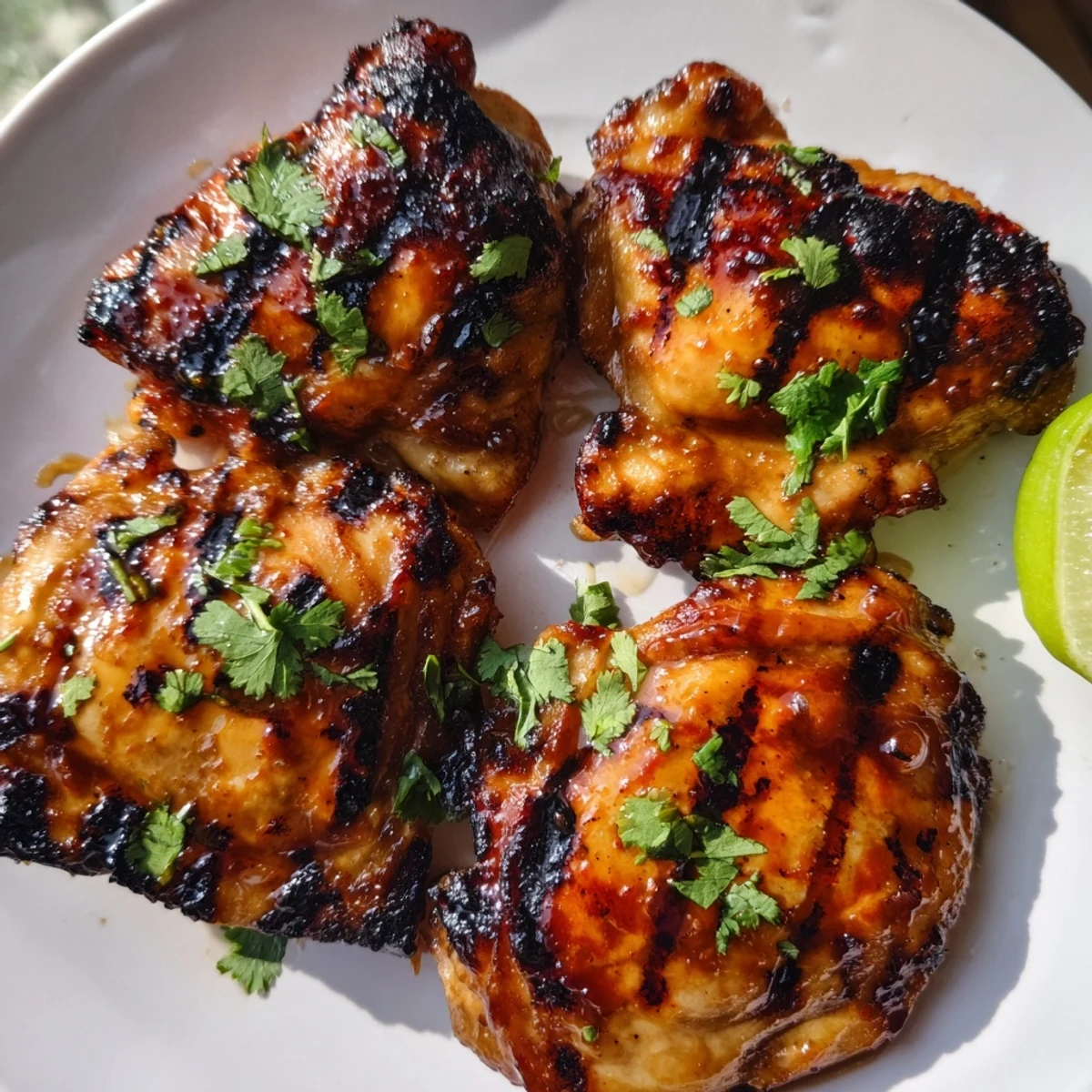 Juicy sweet n spicy grilled chicken thighs with glossy honey glaze fresh off the grill