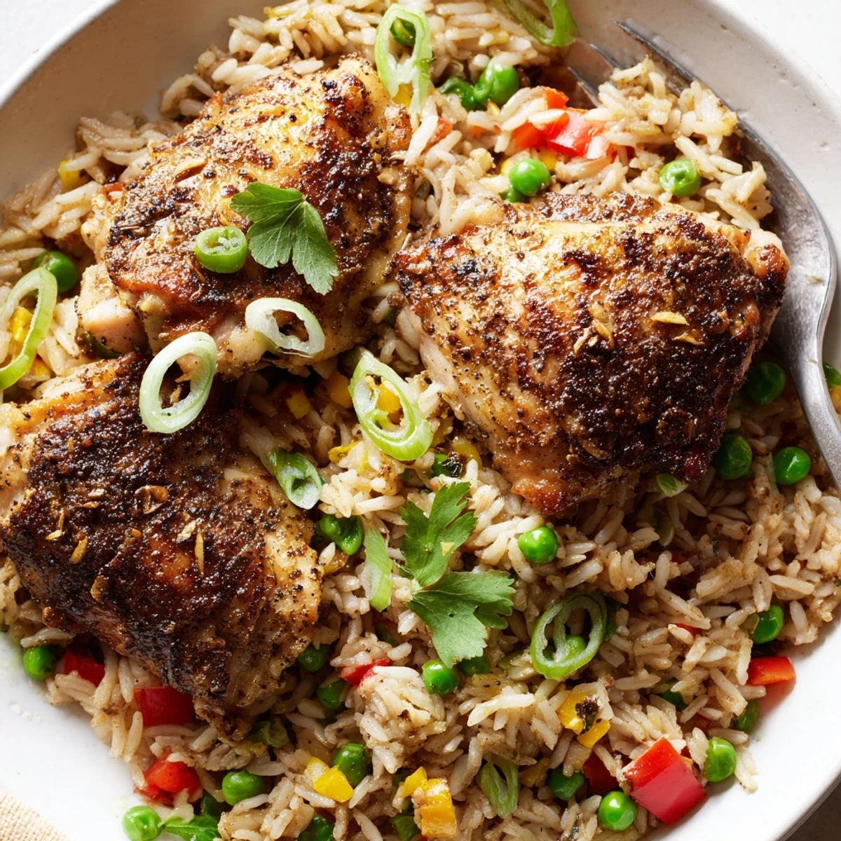 Spicy jerk chicken rice served in a skillet with fresh cilantro garnish