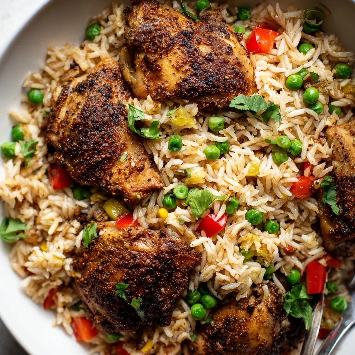 Steaming plate of spicy jerk chicken rice topped with spring onions
