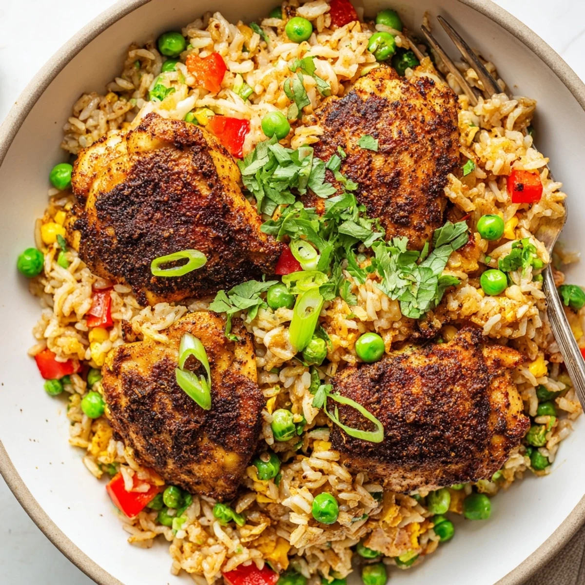Golden jerk-seasoned chicken thighs nestled in fluffy coconut rice with peas