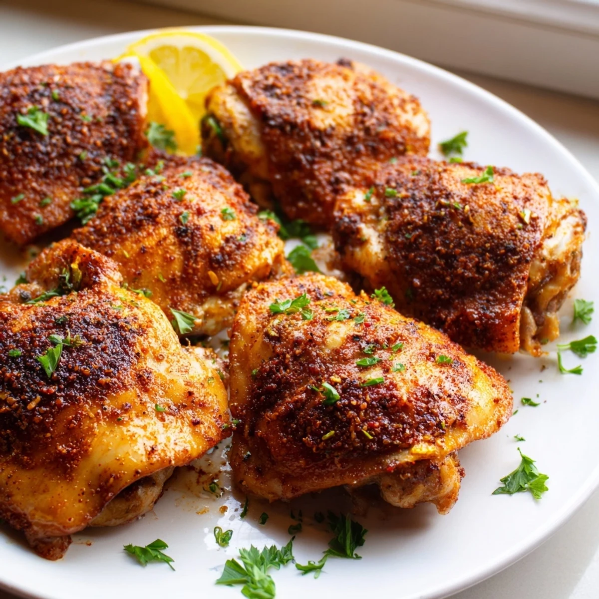Golden crispy oven baked chicken thighs with smoked paprika on a parchment-lined baking sheet