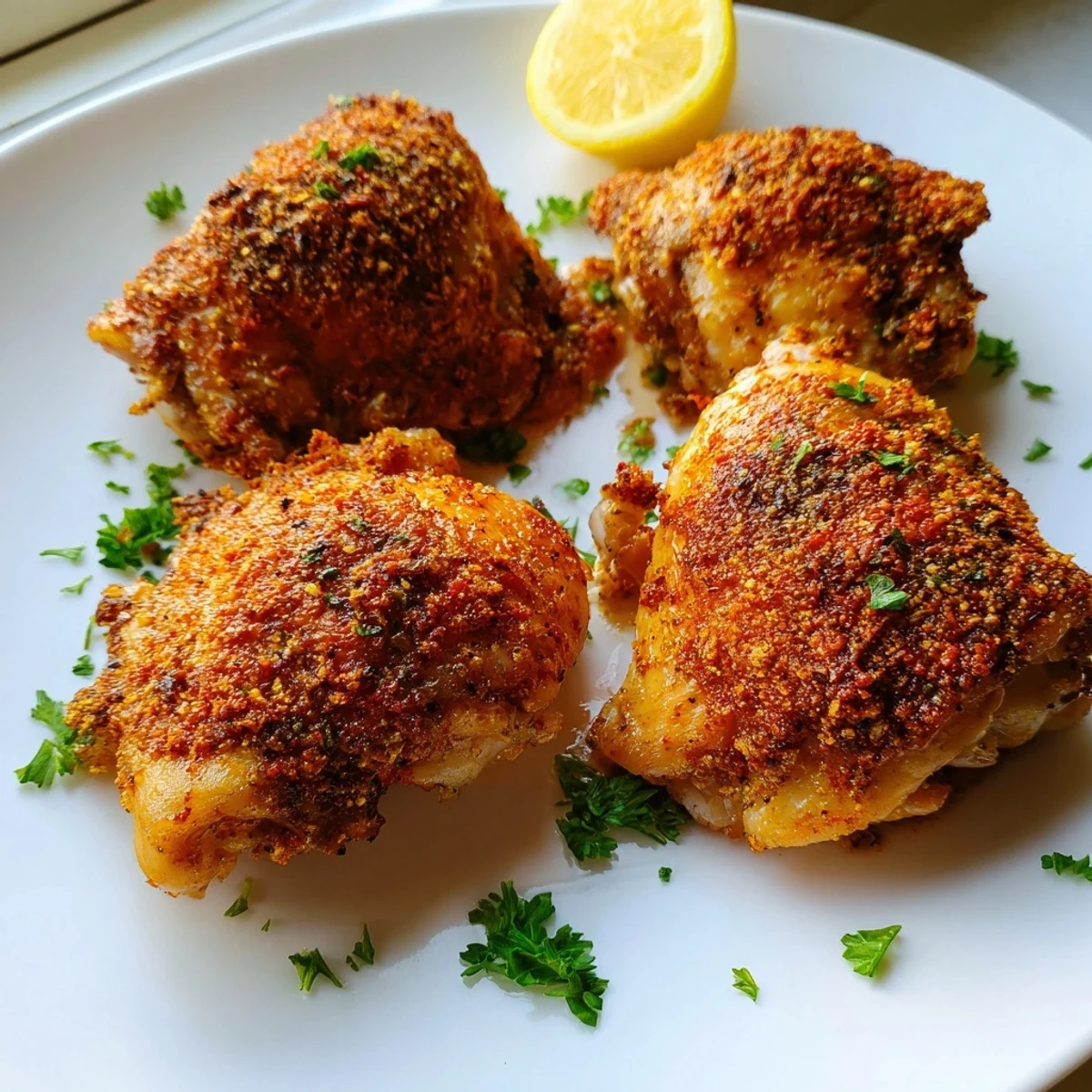 Juicy oven baked chicken thighs garnished with fresh parsley and bright lemon wedges