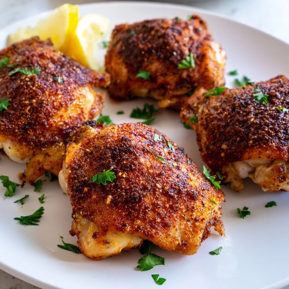 Perfectly roasted oven baked chicken thighs with seasoned golden skin on a dinner plate