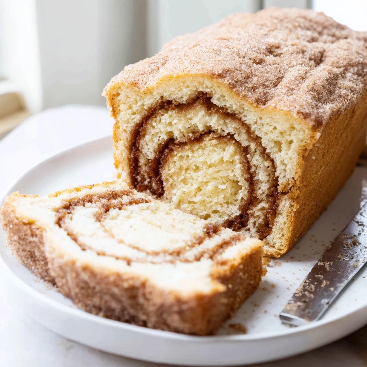 Warm cinnamon donut loaf sliced on a rustic wooden board with spiced sugar topping
