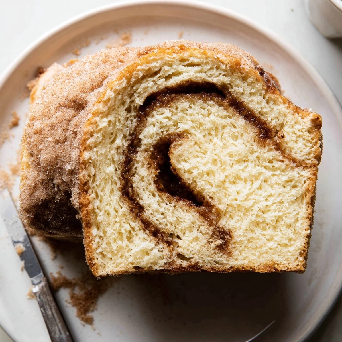 Golden cinnamon donut loaf fresh from the oven dusted with sweet cinnamon sugar