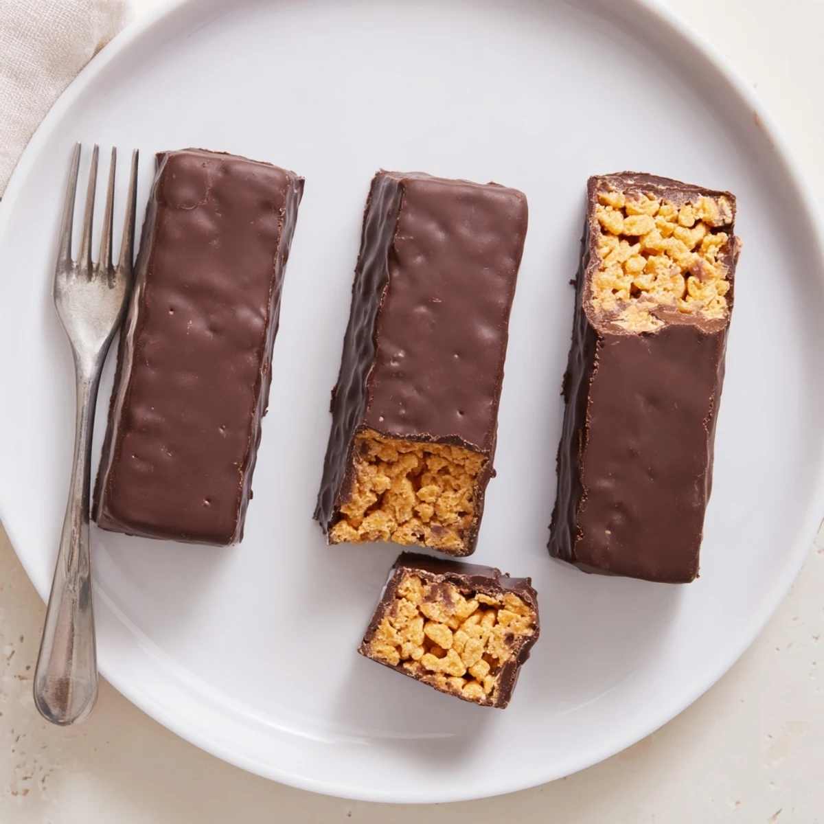 Crunchy healthy homemade Butterfingers coated in glossy dark chocolate on parchment paper