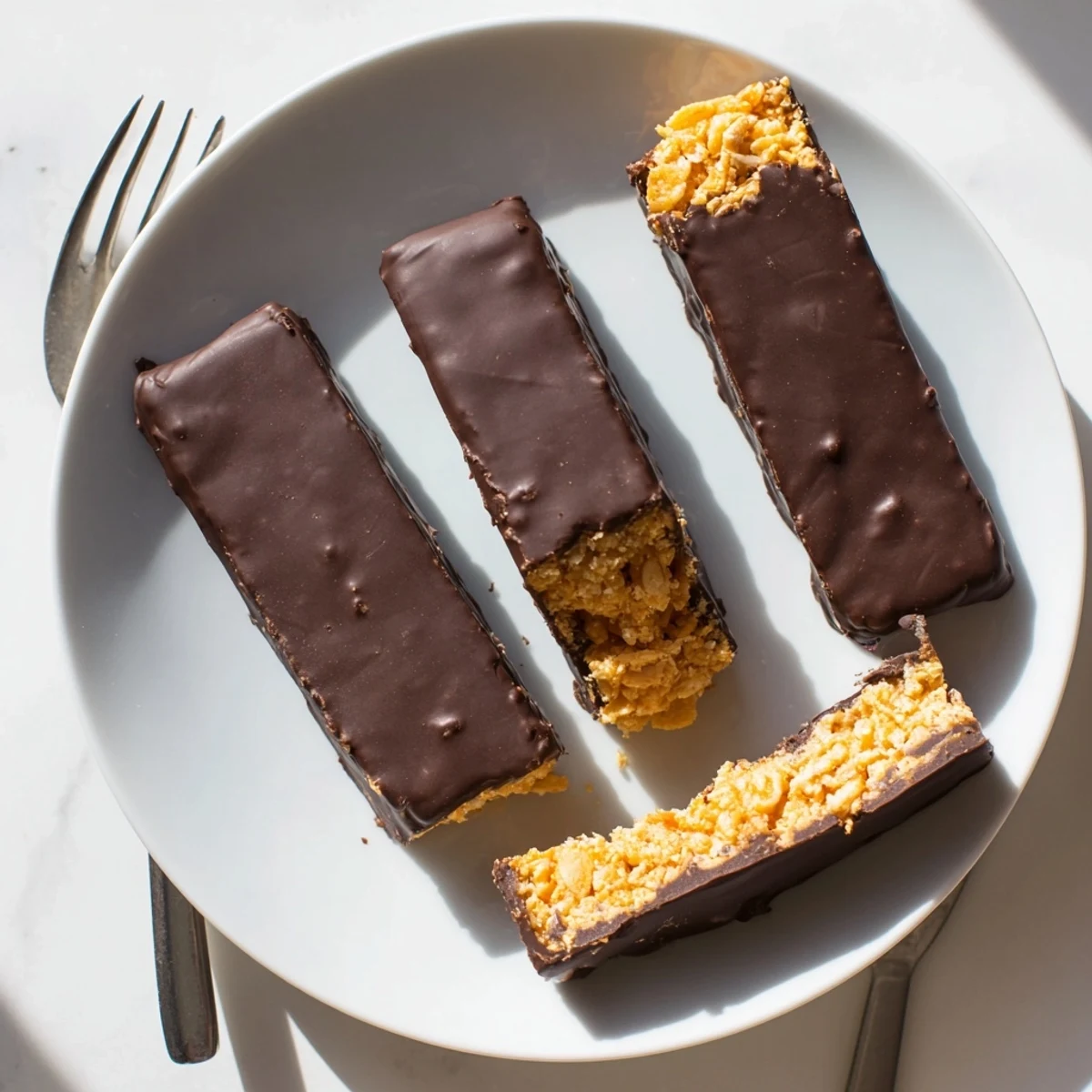 Golden peanut butter filling peeking through dark chocolate on these healthy homemade Butterfingers