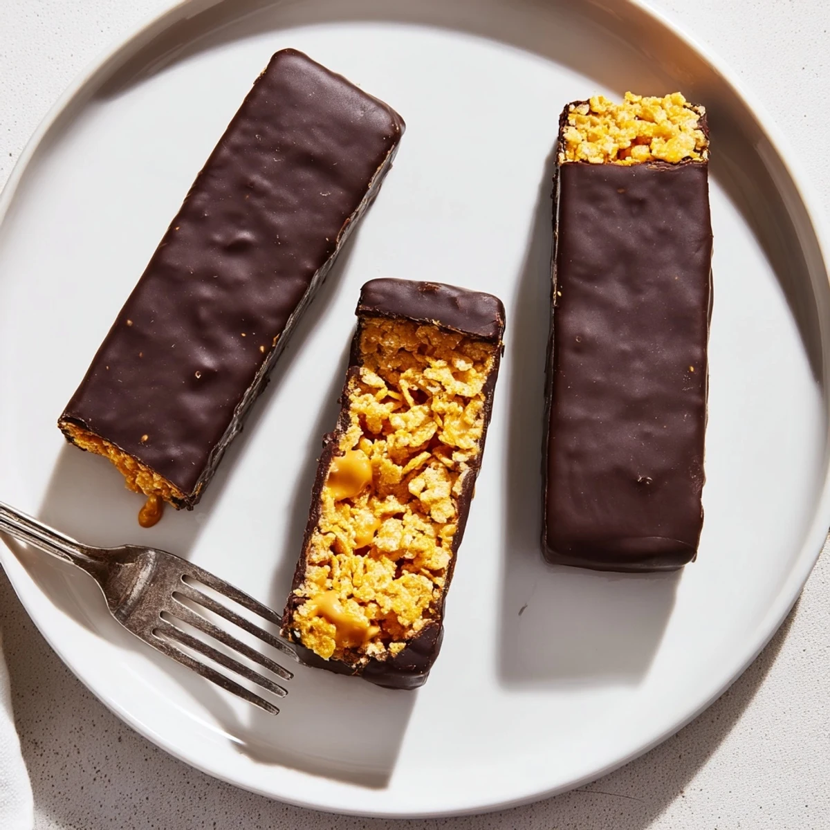 Stacked healthy homemade Butterfingers with a crisp corn flake center drizzled in chocolate