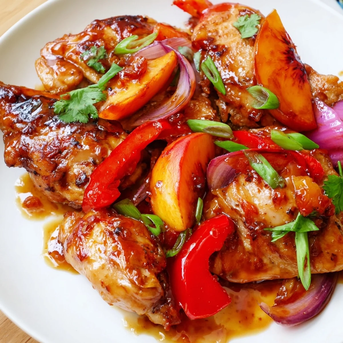 Tender glazed Thai Peach Chicken tossed with vibrant bell peppers and fresh cilantro