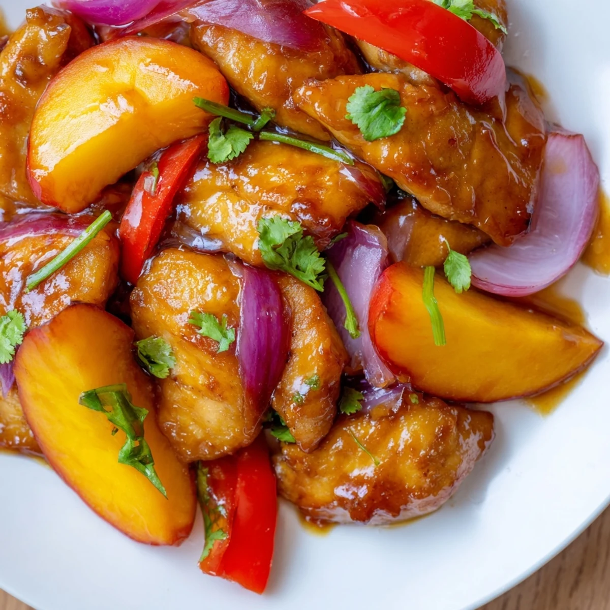 Golden Thai Peach Chicken with caramelized peach slices served over fluffy jasmine rice