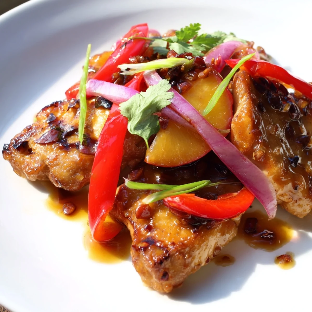 Spicy Thai Peach Chicken simmering in a glossy sauce with sweet ripe peach wedges