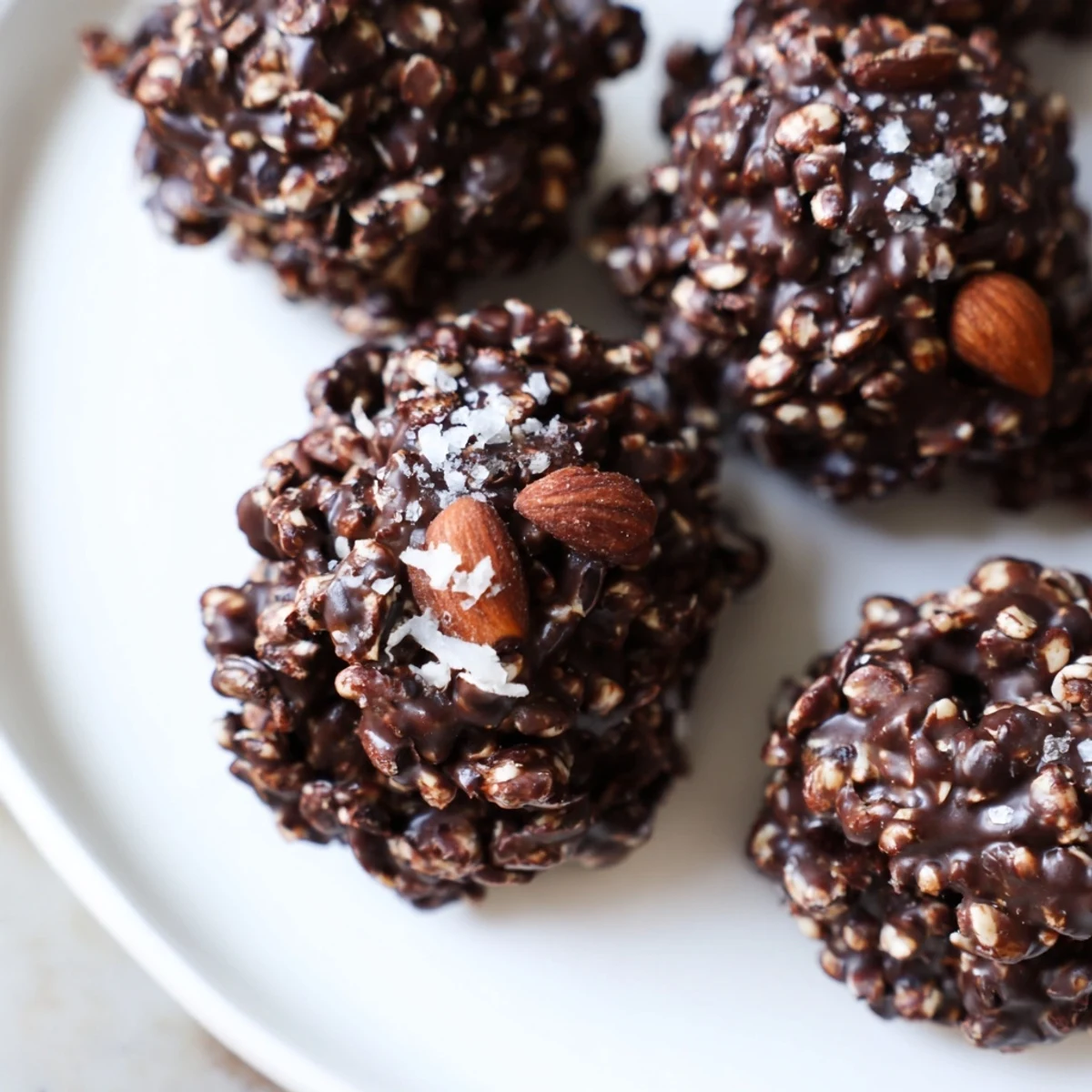 Chocolate Quinoa Crunch Bites topped with flaky sea salt on a rustic baking sheet