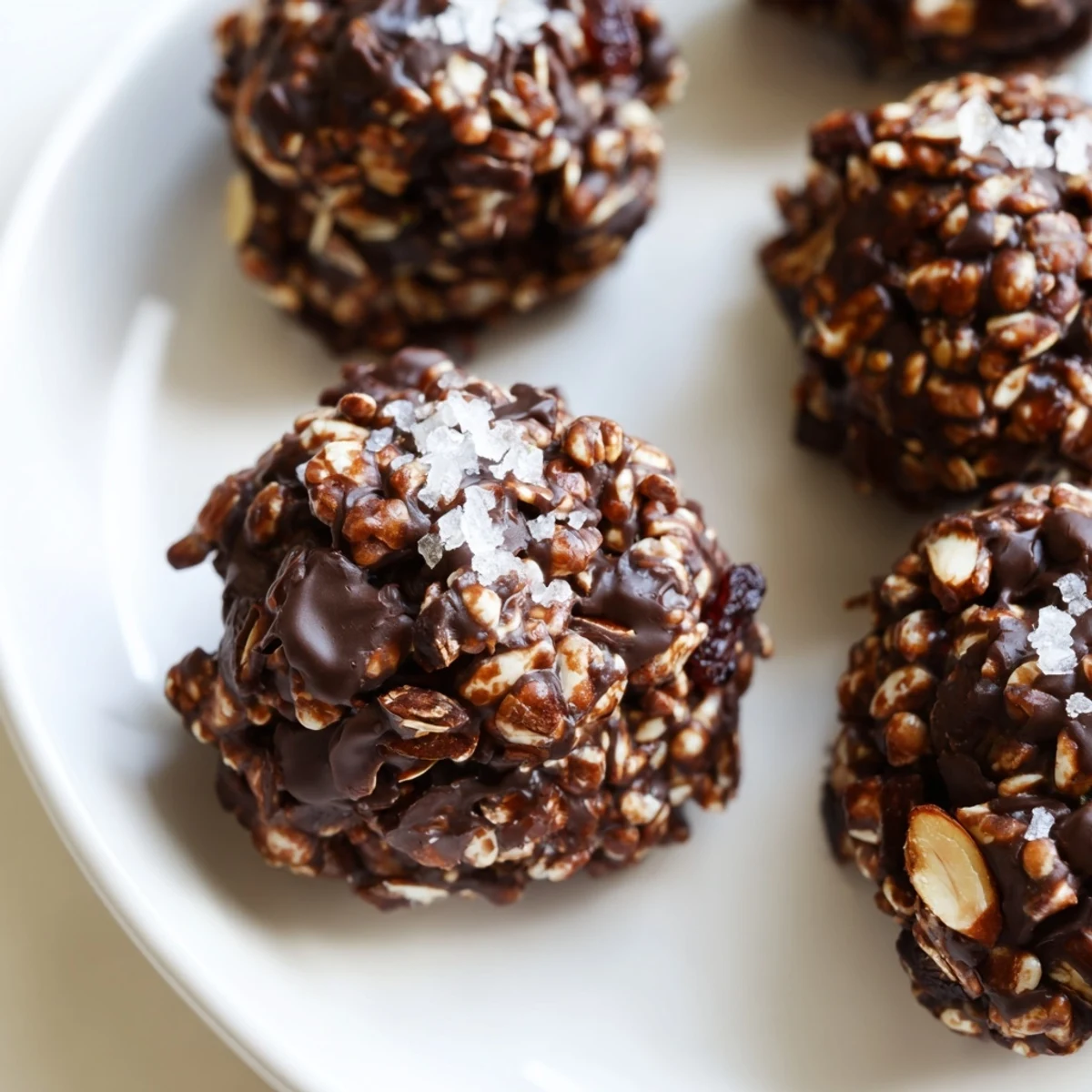 A plate of glossy Chocolate Quinoa Crunch Bites dusted with coconut and chopped almonds