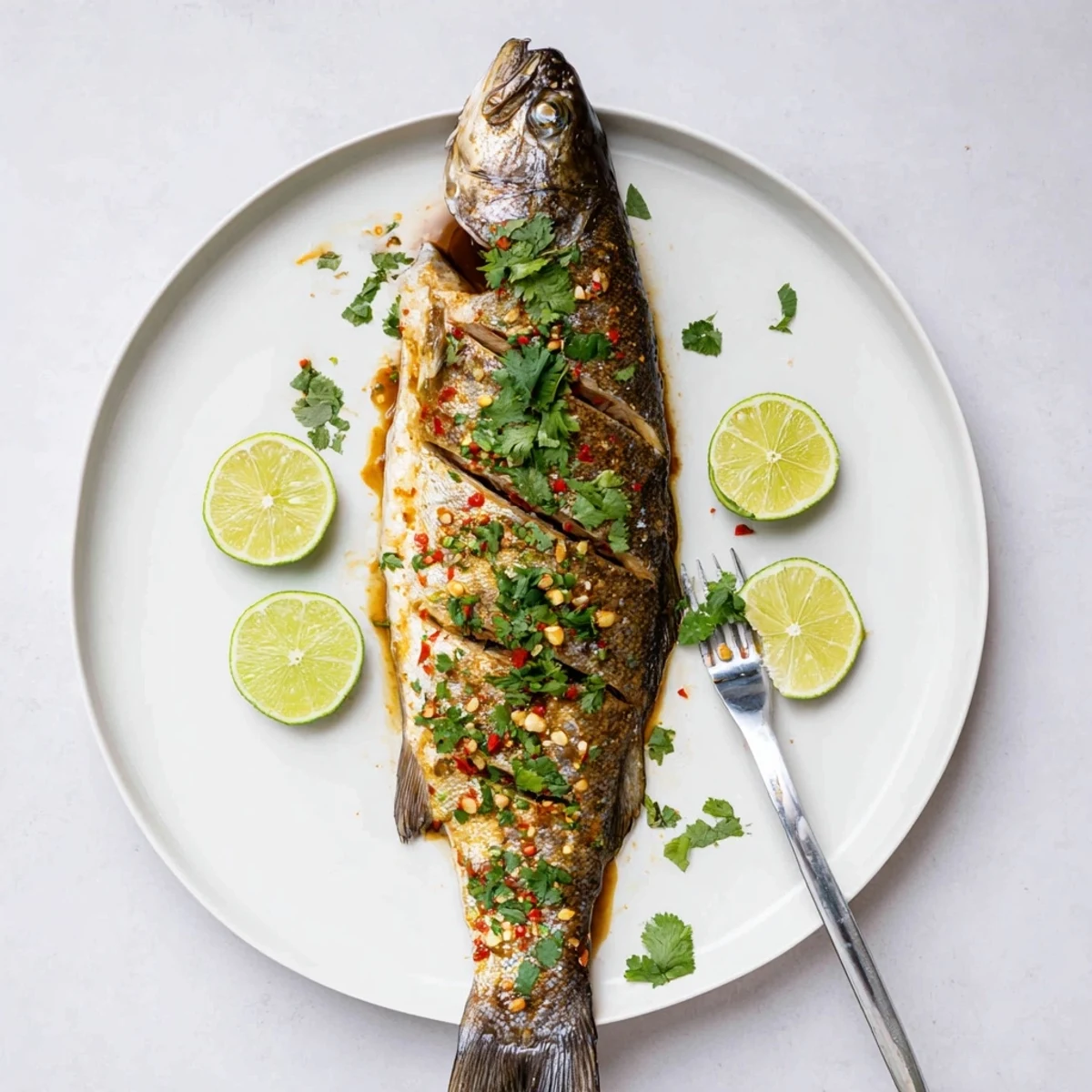 Golden chili lime baked trout garnished with fresh cilantro and lime wedges on a white plate