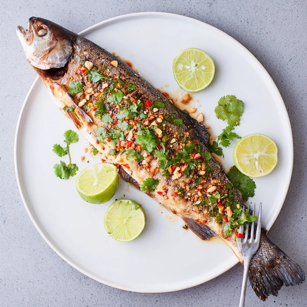 Close-up of chili lime baked trout with crispy edges and vibrant red chili marinade glaze