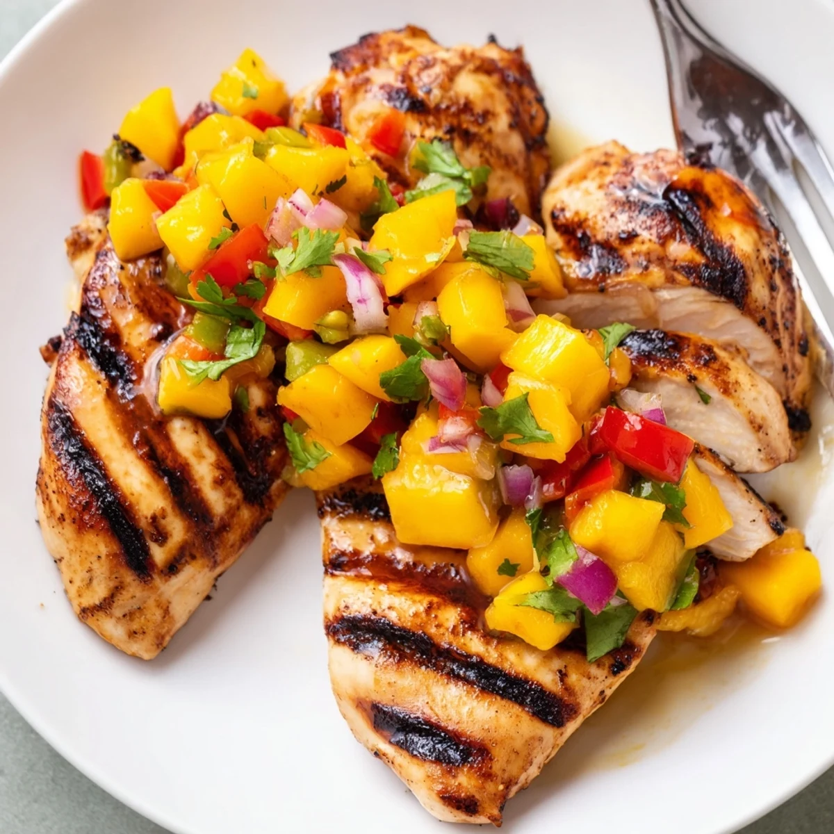 Juicy honey lime chicken with mango salsa served on a white plate
