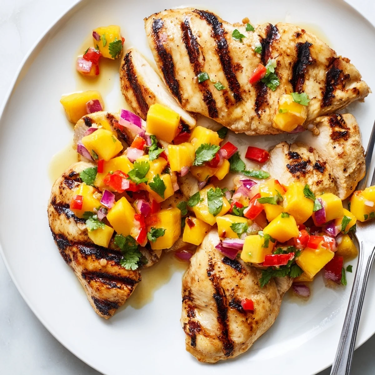 Grilled honey lime chicken topped with colorful fresh mango salsa close-up