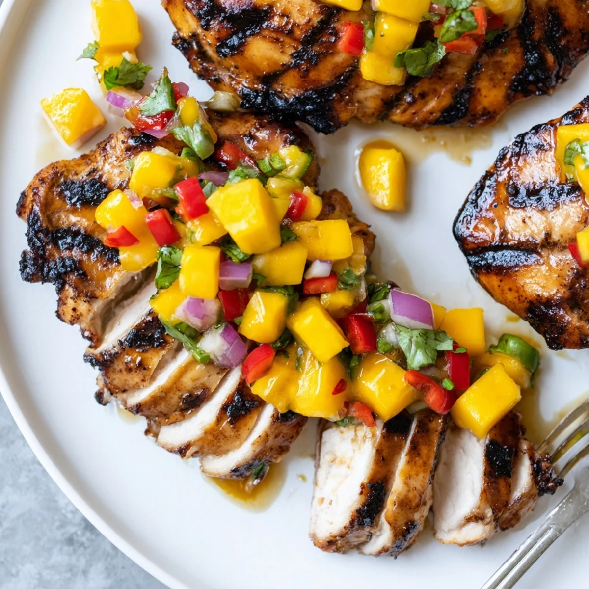 Charred honey lime chicken with mango salsa on a wooden serving board